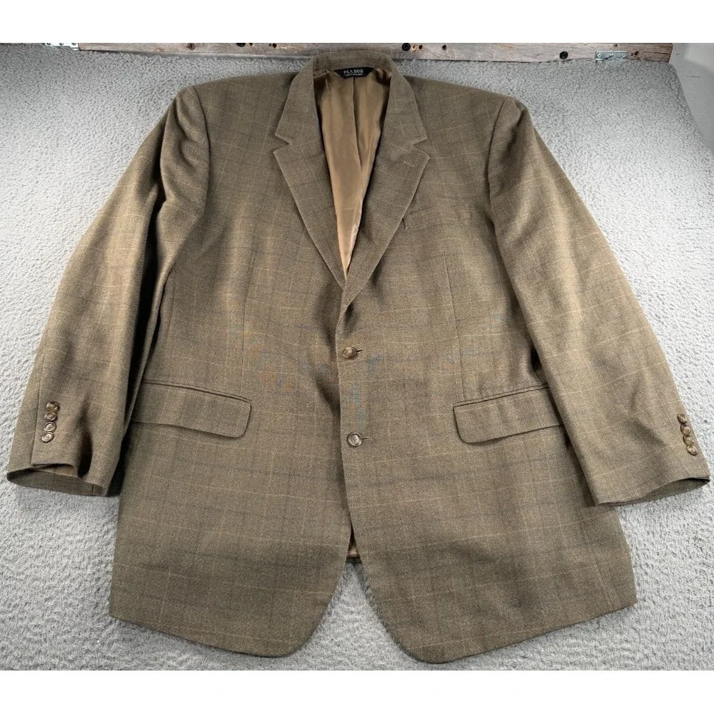Jos A Bank Reserve Blazer Mens 50L Brown Silk Wool Windowpane Sport Coat